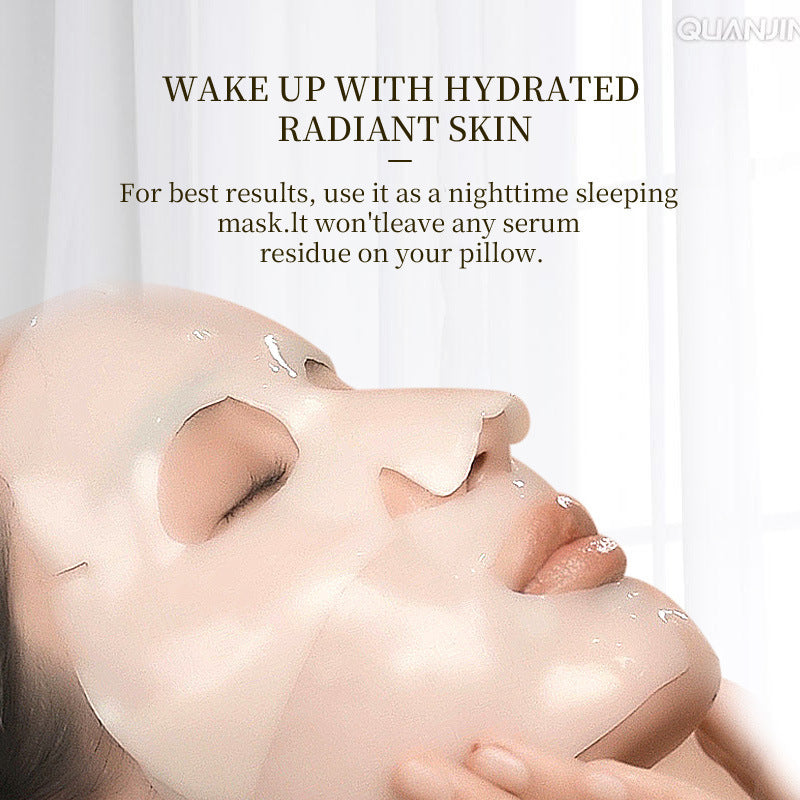 Máscara facial de tecido com bio-colágeno, com efeito de colágeno que varia do branco ao transparente.