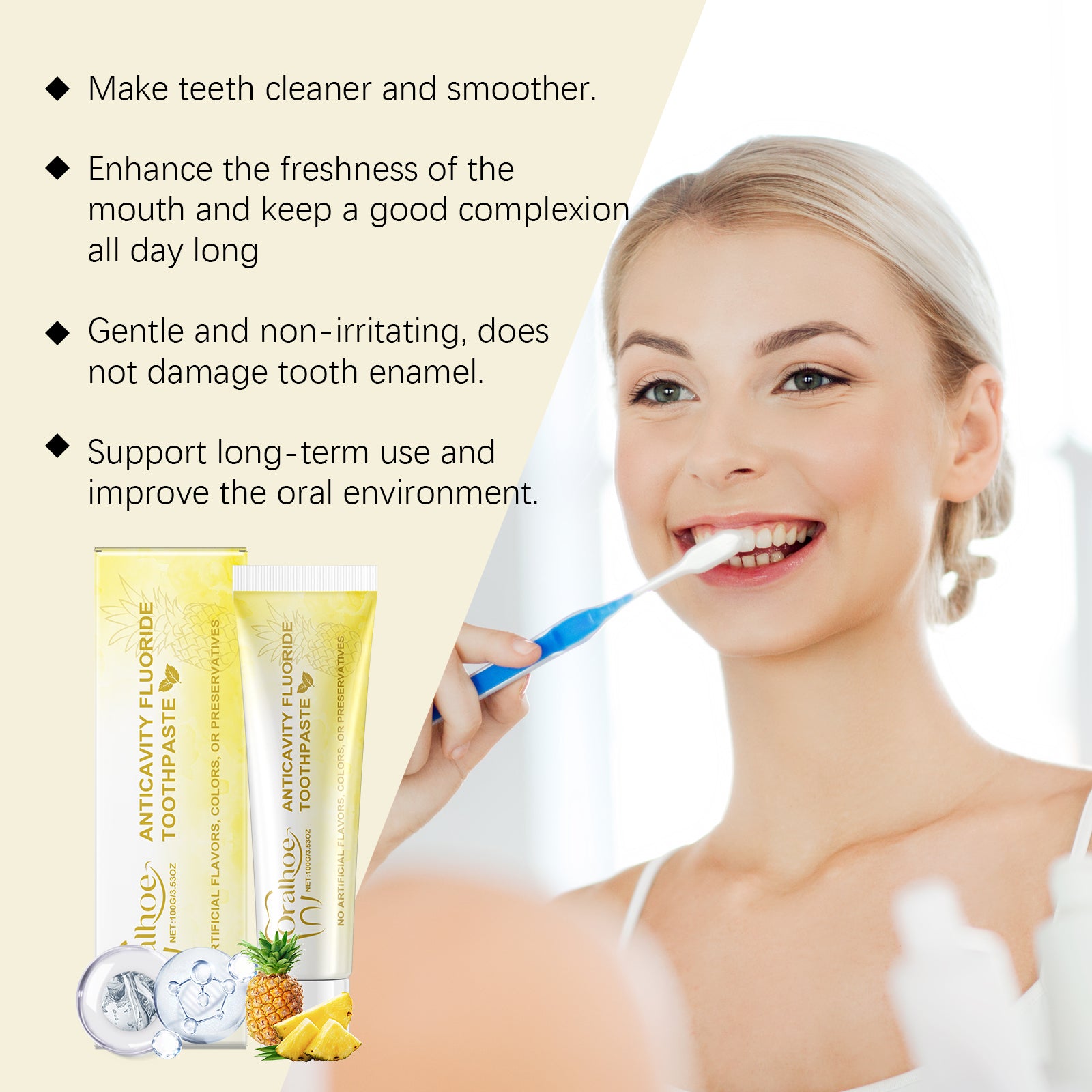 Creme dental Oralhoe sabor abacaxi, fragrância suave de frutas frescas, para limpeza bucal diária, clareamento e higiene bucal.