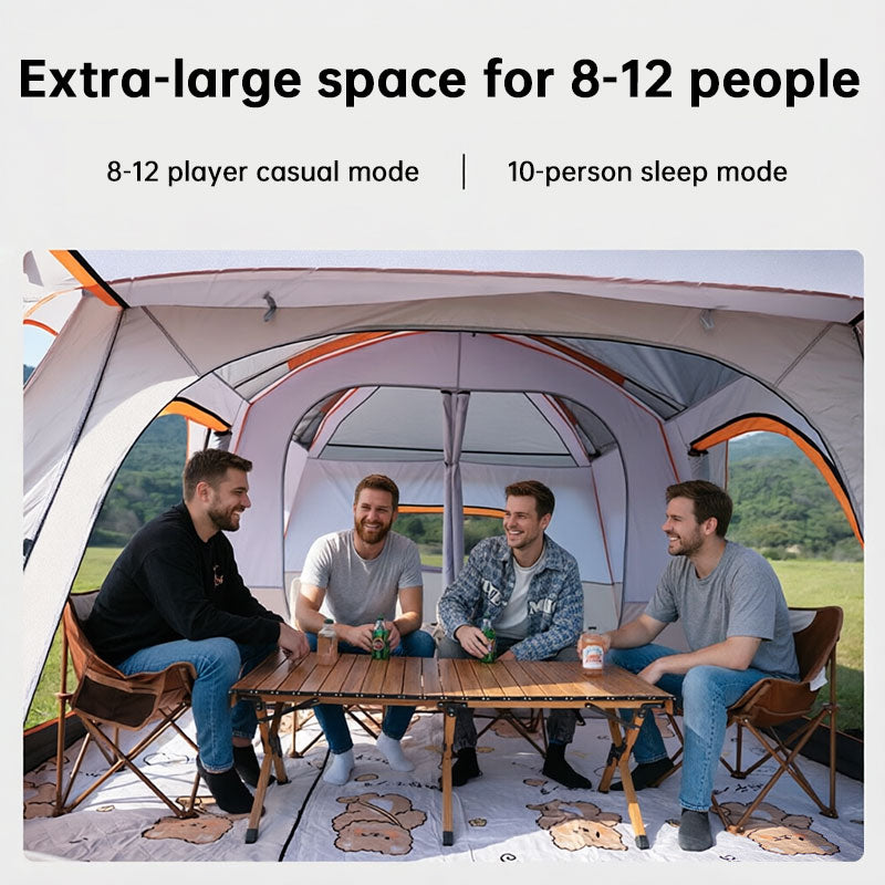 Barraca de camping familiar tipo túnel, com 2 quartos e camada dupla, para 3 a 12 pessoas. Impermeável, resistente ao vento e aos raios UV, ideal para trilhas e acampamentos ao ar livre.