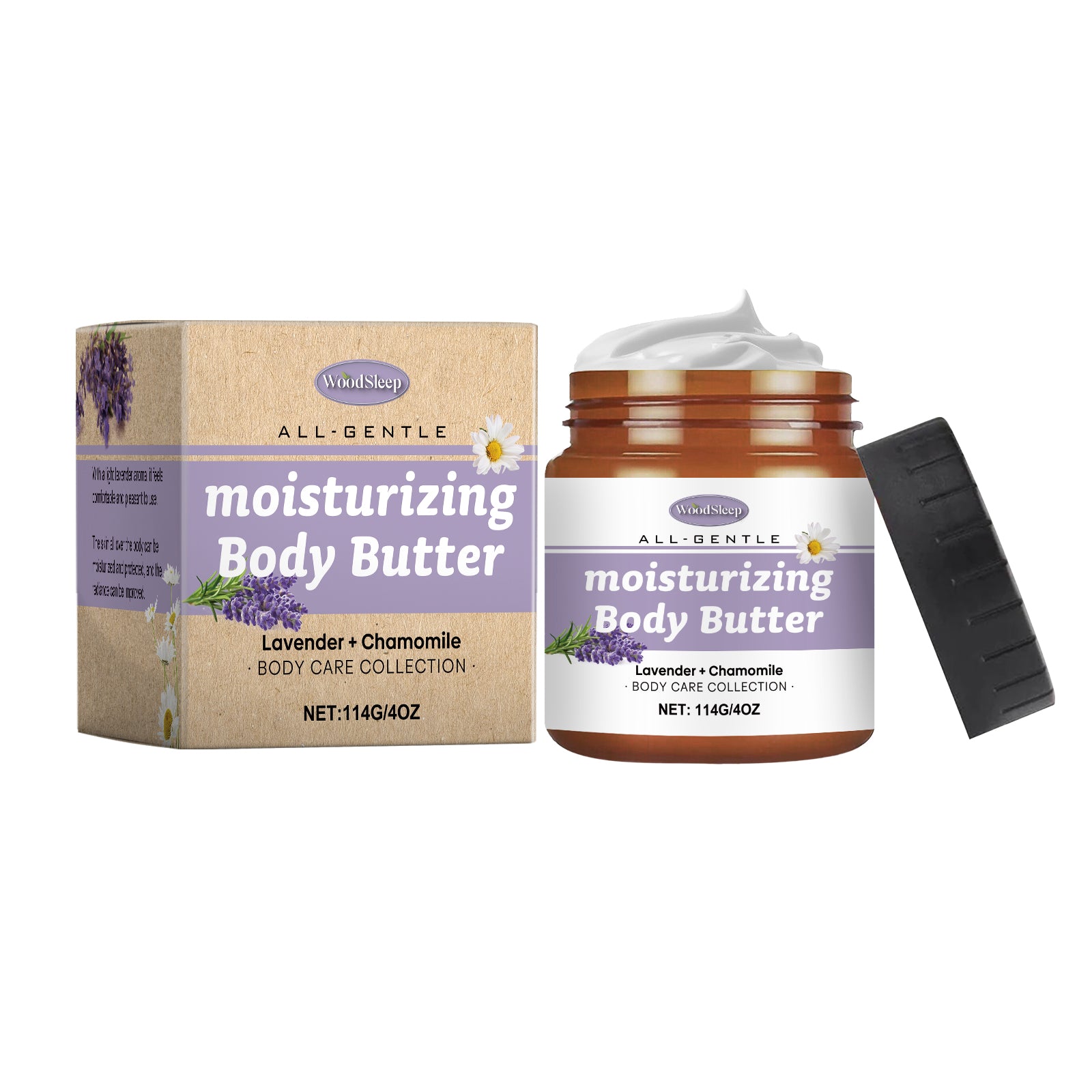 O hidratante corporal WoodSleep com lavanda e camomila hidrata profundamente toda a pele.