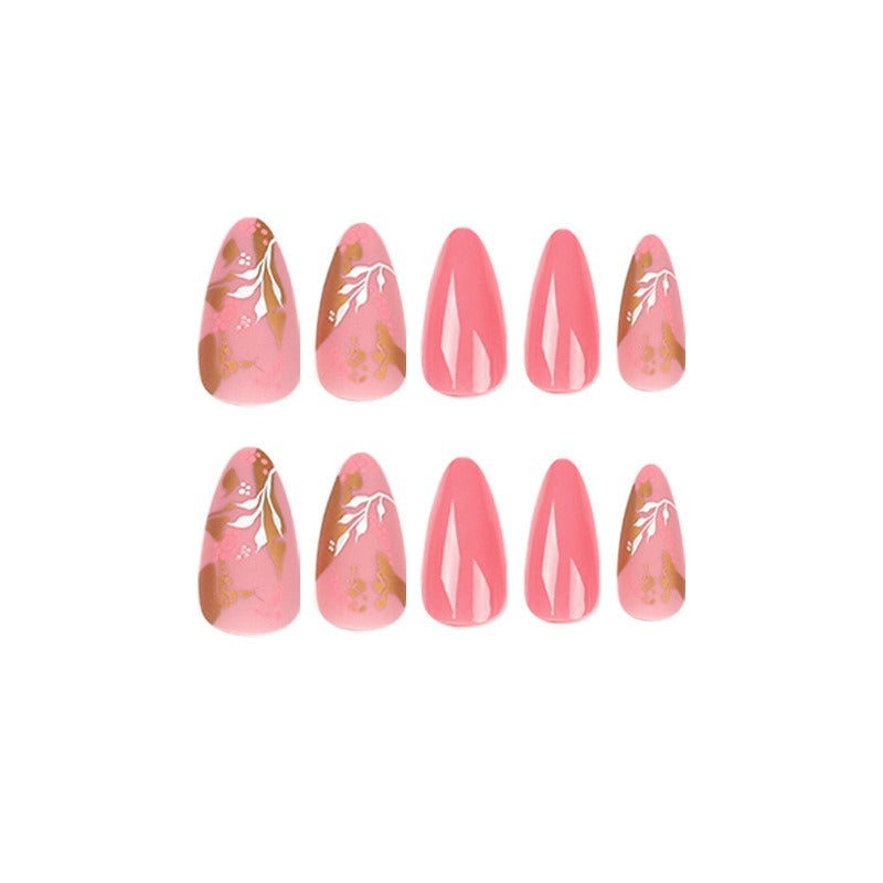 Unhas postiças para manicure, unhas rosa, adesivos de unhas com tinta de bolinhas e folha de ouro, adesivos de unhas com flores brancas, unhas removíveis.