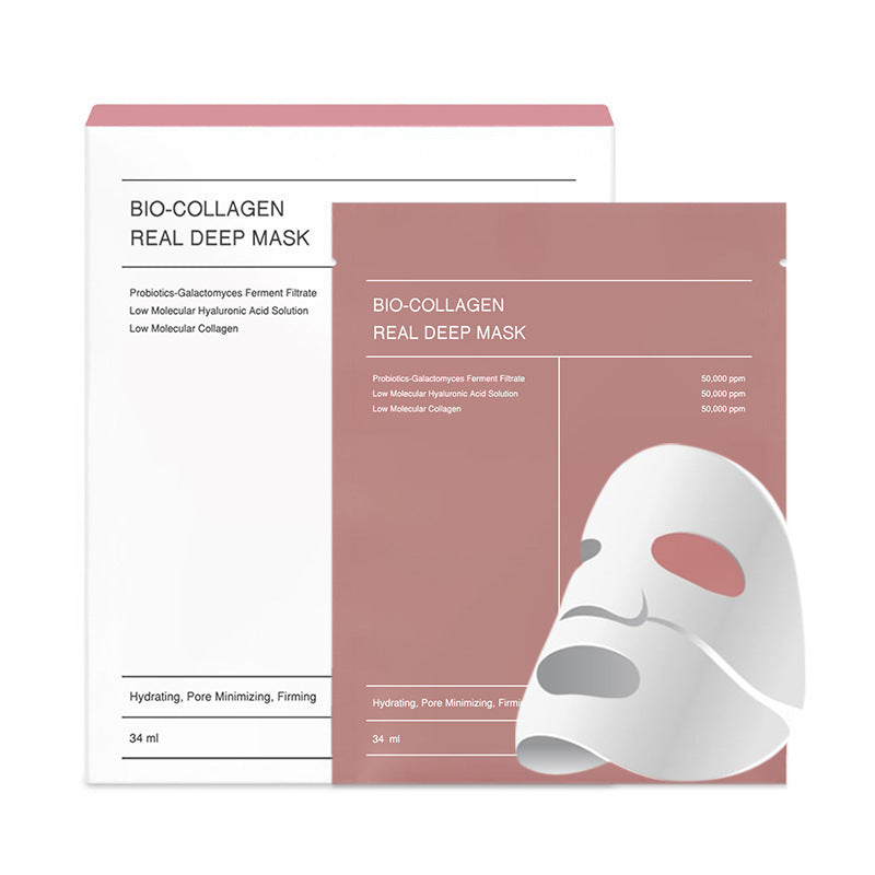 Máscara facial de tecido com bio-colágeno, com efeito de colágeno que varia do branco ao transparente.