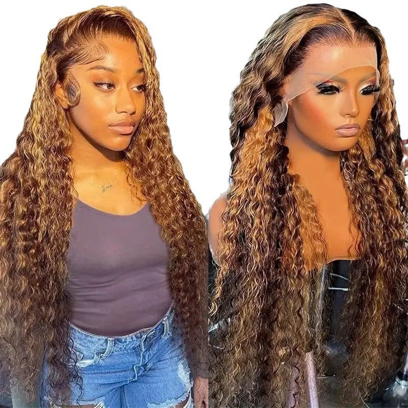 Peruca Lace Wigs 13x4 HD Transparente com Ondas de Água e Mechas Loiro Mel com Ondas de Água
