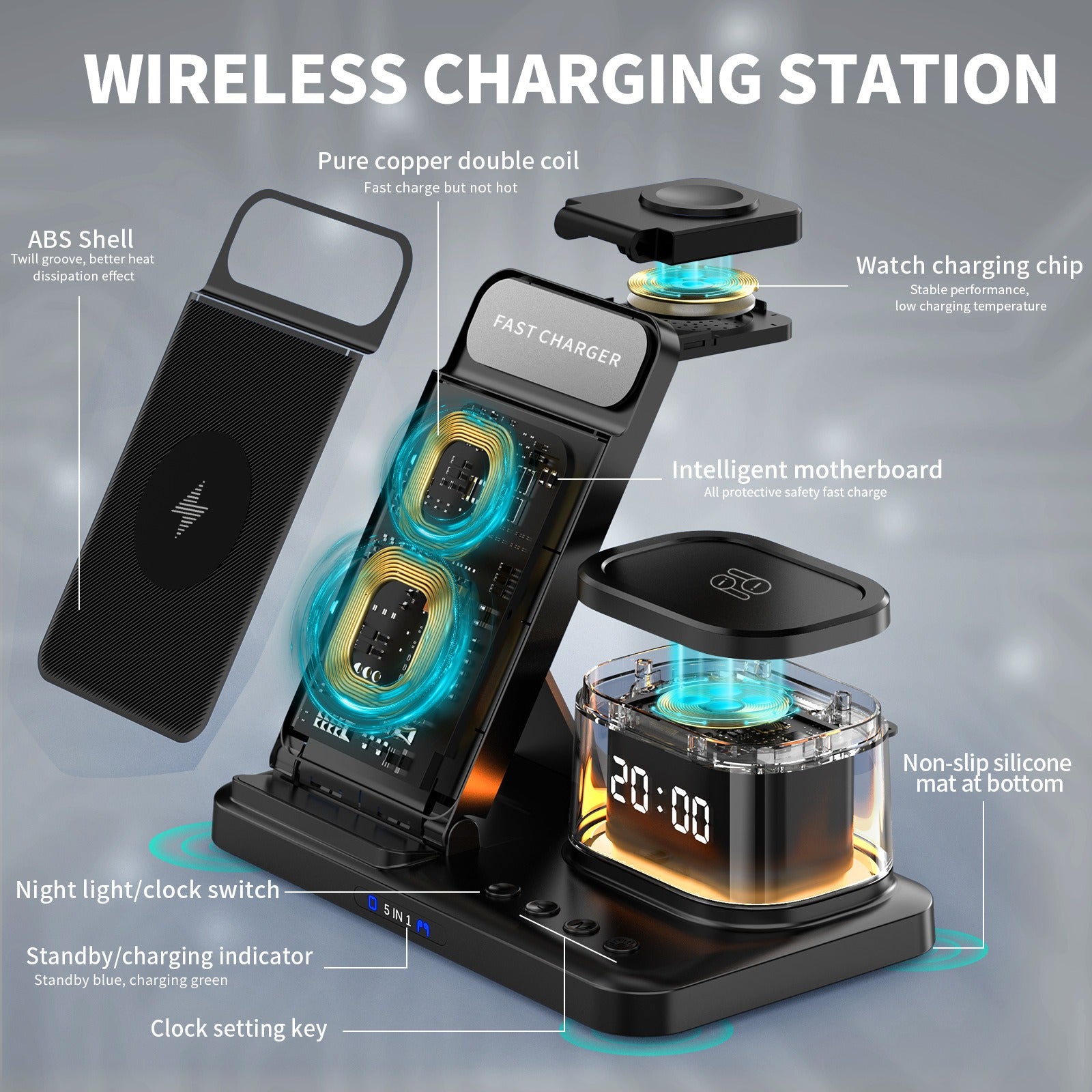 Carregamento rápido de 15W, carregamento sem fio, dobrável, cinco em um, estação de carregamento para celular sem fio, recarregável por cartão.