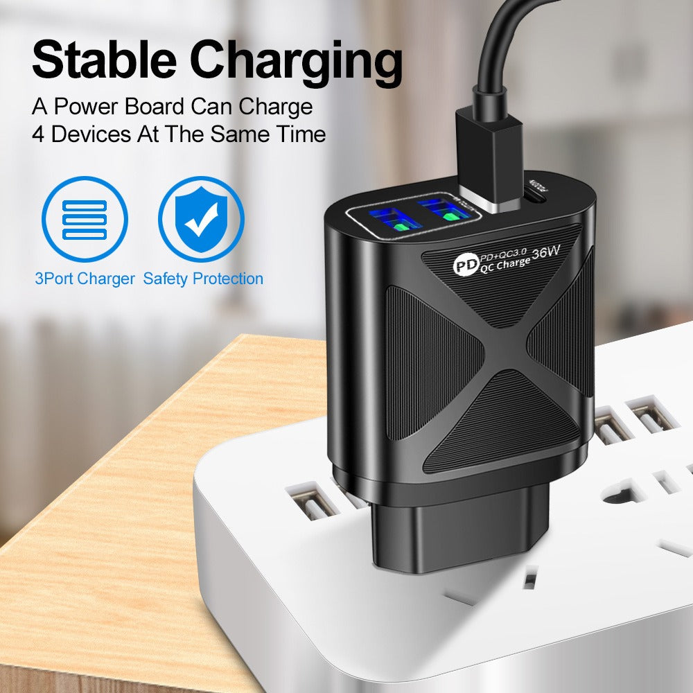 Carregador de celular com carregamento rápido USB duplo de 36 W PD+QC3.0 2.4 A