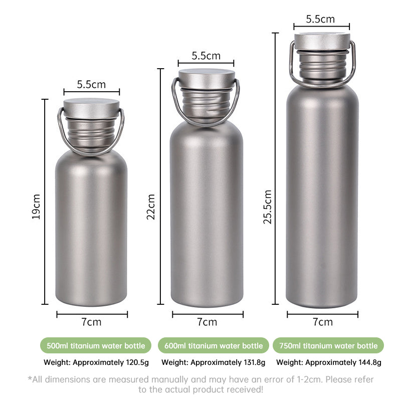 Garrafa de água de titânio puro, leve, com parede simples e boca larga, ideal para esportes, camping e viagens.