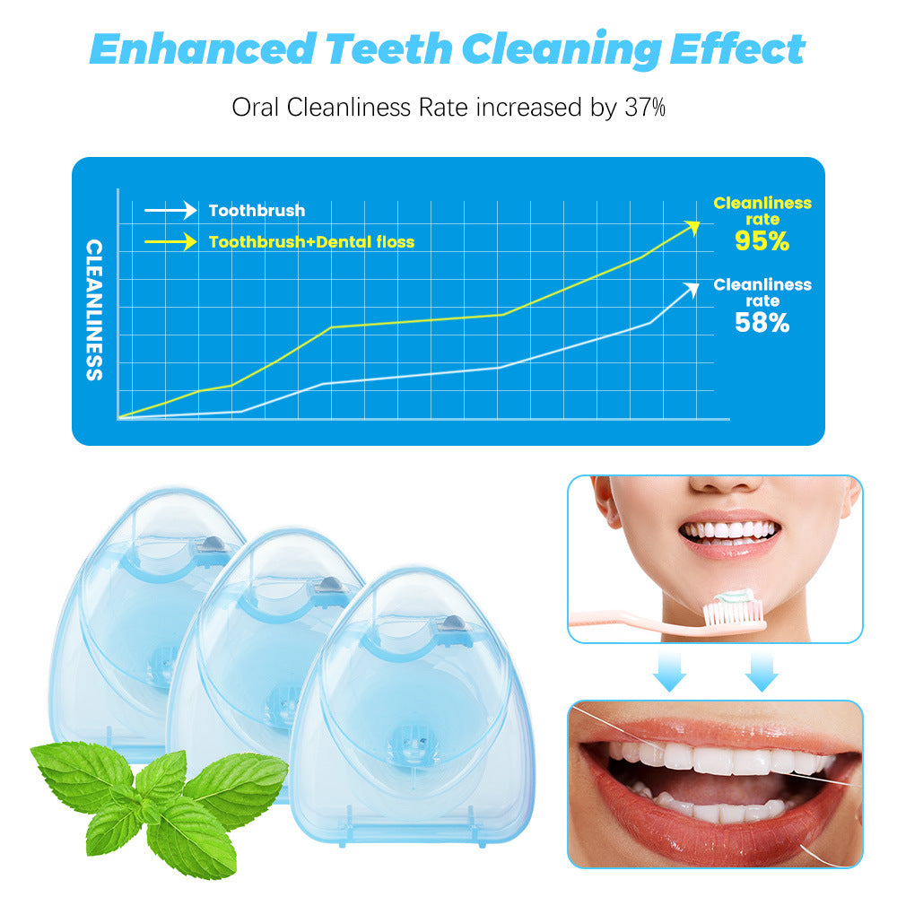 Fio dental descartável com sabor de menta, 50m, caixa triangular azul. Ideal para limpeza dos dentes. Rolo portátil de fio dental.