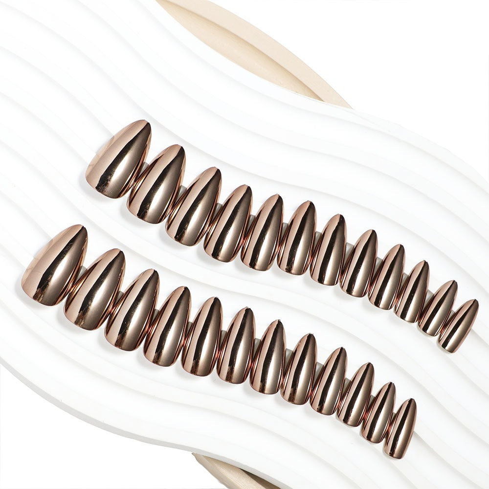 Unhas postiças removíveis estilo europeu e americano com acabamento eletroplástico bronze para manicure.