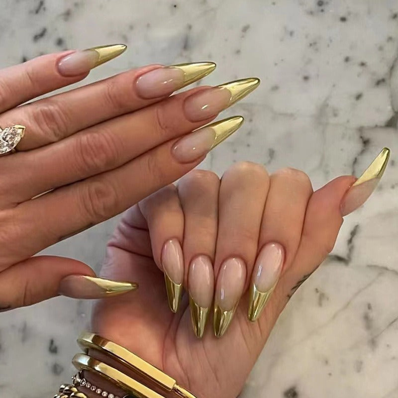 Unhas postiças francesas douradas peroladas em formato de amêndoa, peças especiais para unhas, atacado, acabamento moderno.