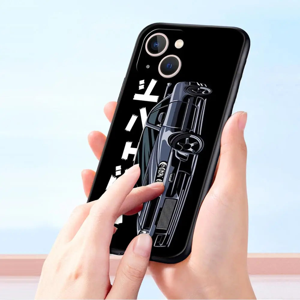 Capa de luxo para iPhone 11 12 13 15 14 Pro Max X XR XS 7 8 Plus SE 2020, preta, macia, inspirada em carros esportivos JDM Tokyo Drift.