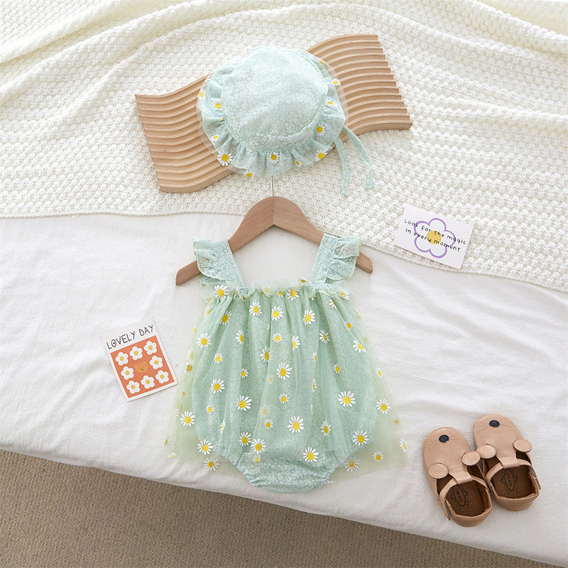 Body infantil fofo sem mangas, modelo halter triangular, para bebê menina, com estampa de crisântemo, estilo princesa.