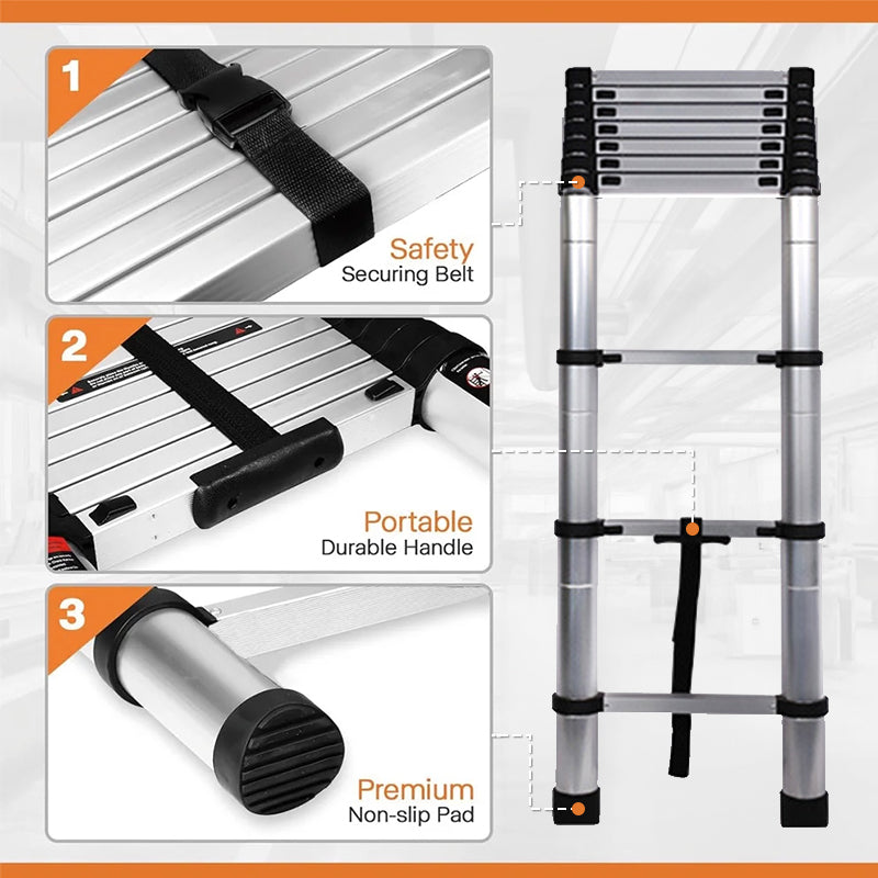 Escada telescópica reforçada em aço inoxidável, 2,6-6,3 m (8,5-20,7 pés), capacidade de carga de 150 kg (330 lb), trava antiderrapante, ideal para casa, trailers, sótãos e decoração de ambientes.
