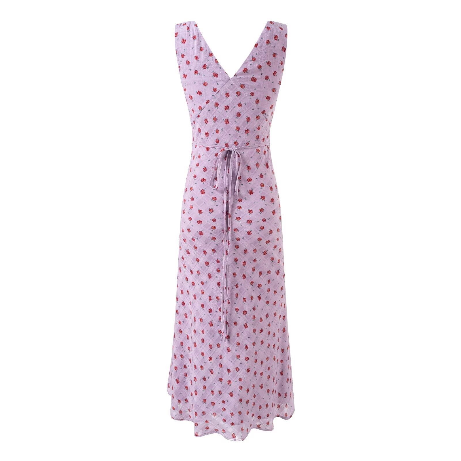 Vestido floral vintage sem mangas com decote em V e modelagem justa.