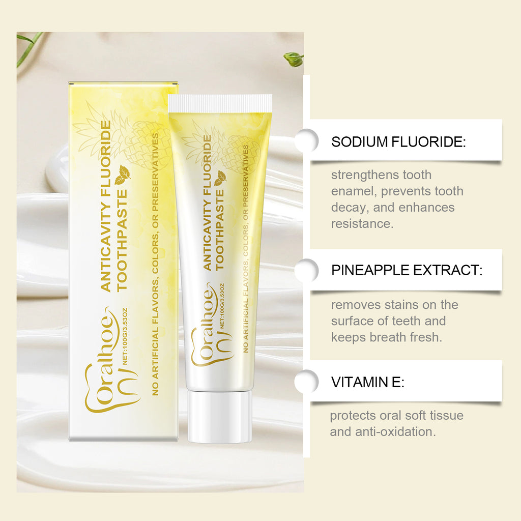 Creme dental Oralhoe sabor abacaxi, fragrância suave de frutas frescas, para limpeza bucal diária, clareamento e higiene bucal.