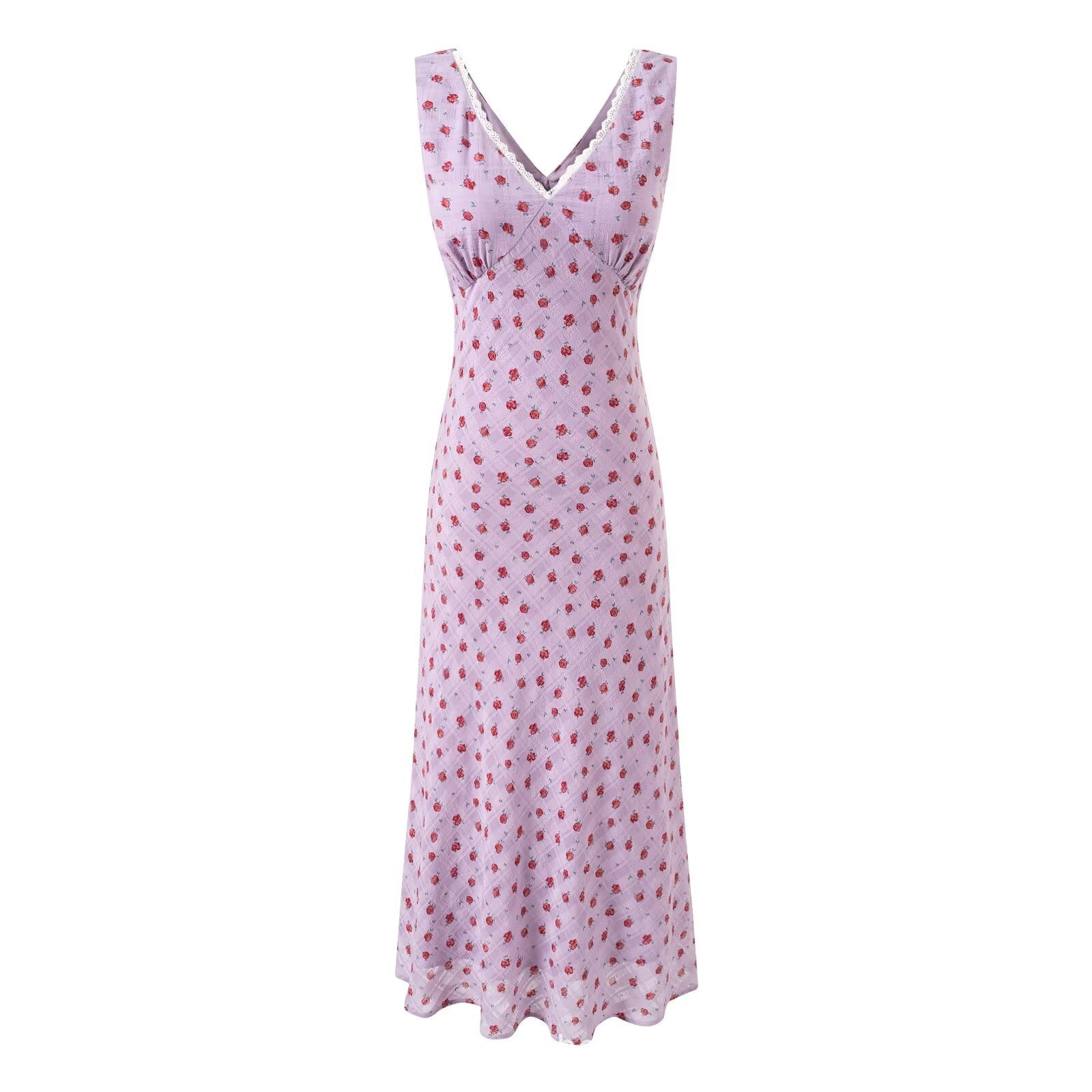 Vestido floral vintage sem mangas com decote em V e modelagem justa.