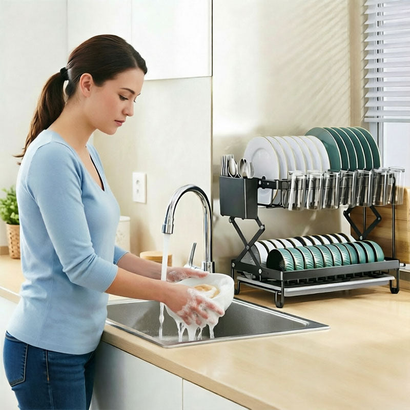Escorredor de pratos dobrável de 2 camadas para cozinha, prateleira de bancada com grande capacidade para secar tigelas e talheres.