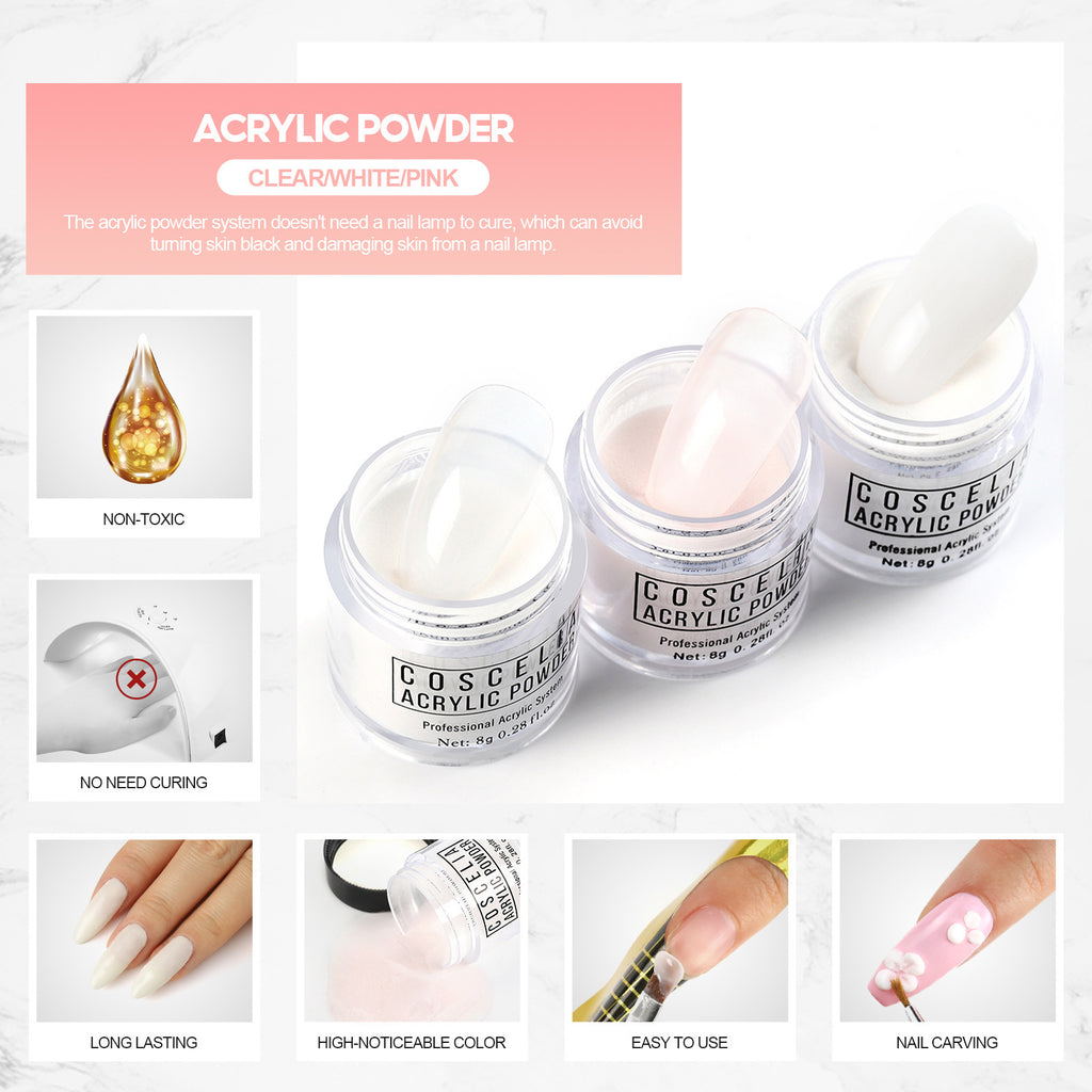 Conjunto de Pó de Cristal COSCELIA 30ml com Líquido de Cristal para Unhas Esculpidas e Alongadas - Ideal para Iniciantes