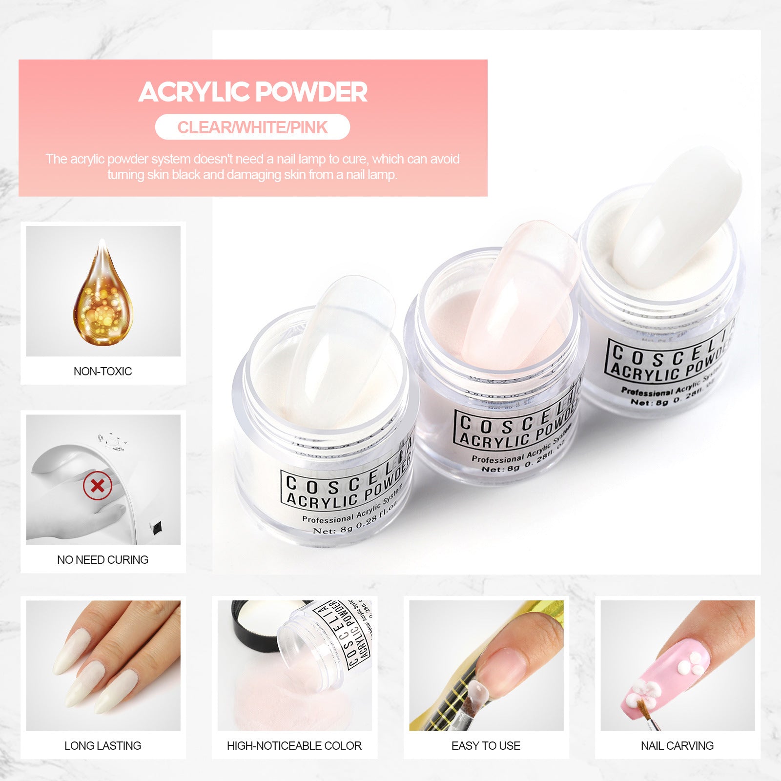 Conjunto de Pó de Cristal COSCELIA 30ml com Líquido de Cristal para Unhas Esculpidas e Alongadas - Ideal para Iniciantes