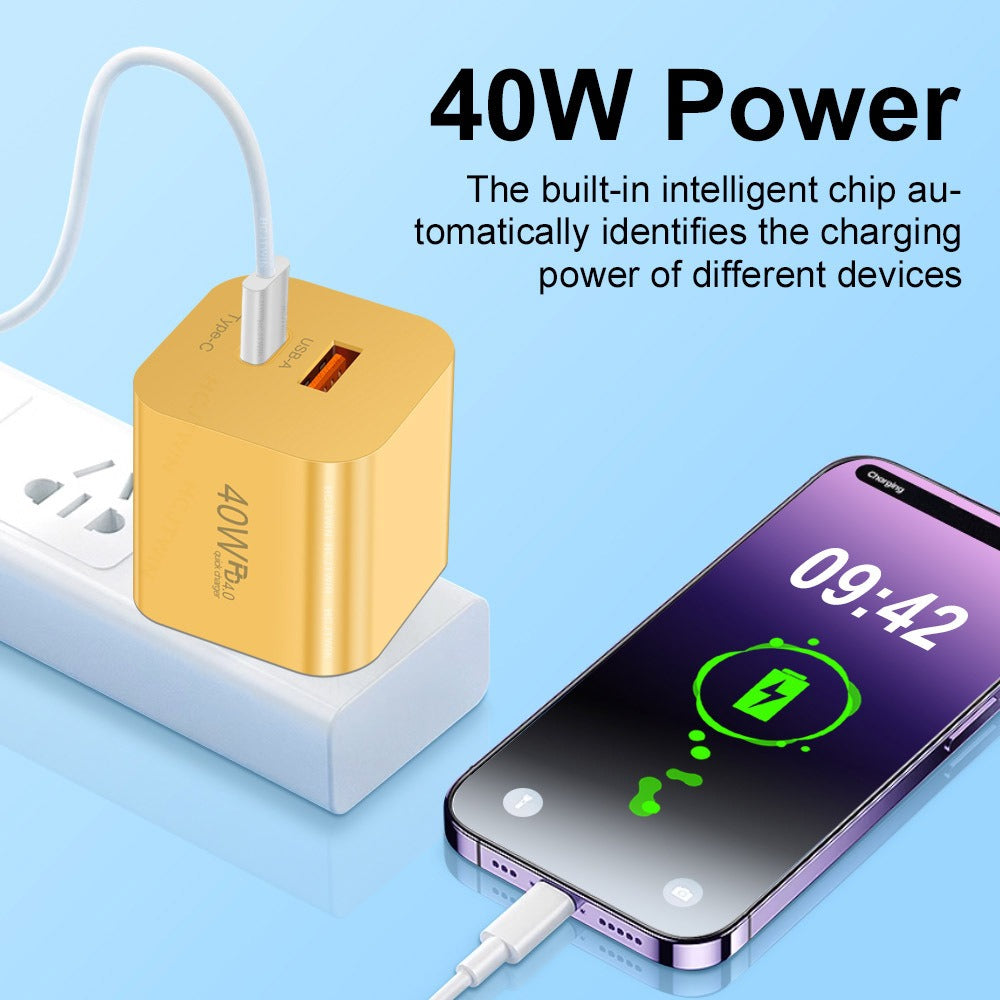 Carregador rápido para celular PD40W com porta USB-C e adaptador de velocidade padrão europeu, americano e britânico.