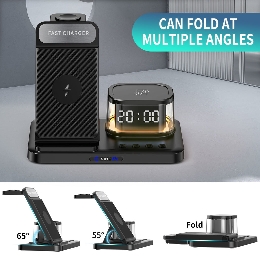 Carregamento rápido de 15W, carregamento sem fio, dobrável, cinco em um, estação de carregamento para celular sem fio, recarregável por cartão.