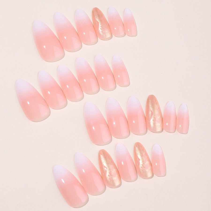 Novos adesivos de unhas postiças com glitter degradê para unhas em formato amendoado.