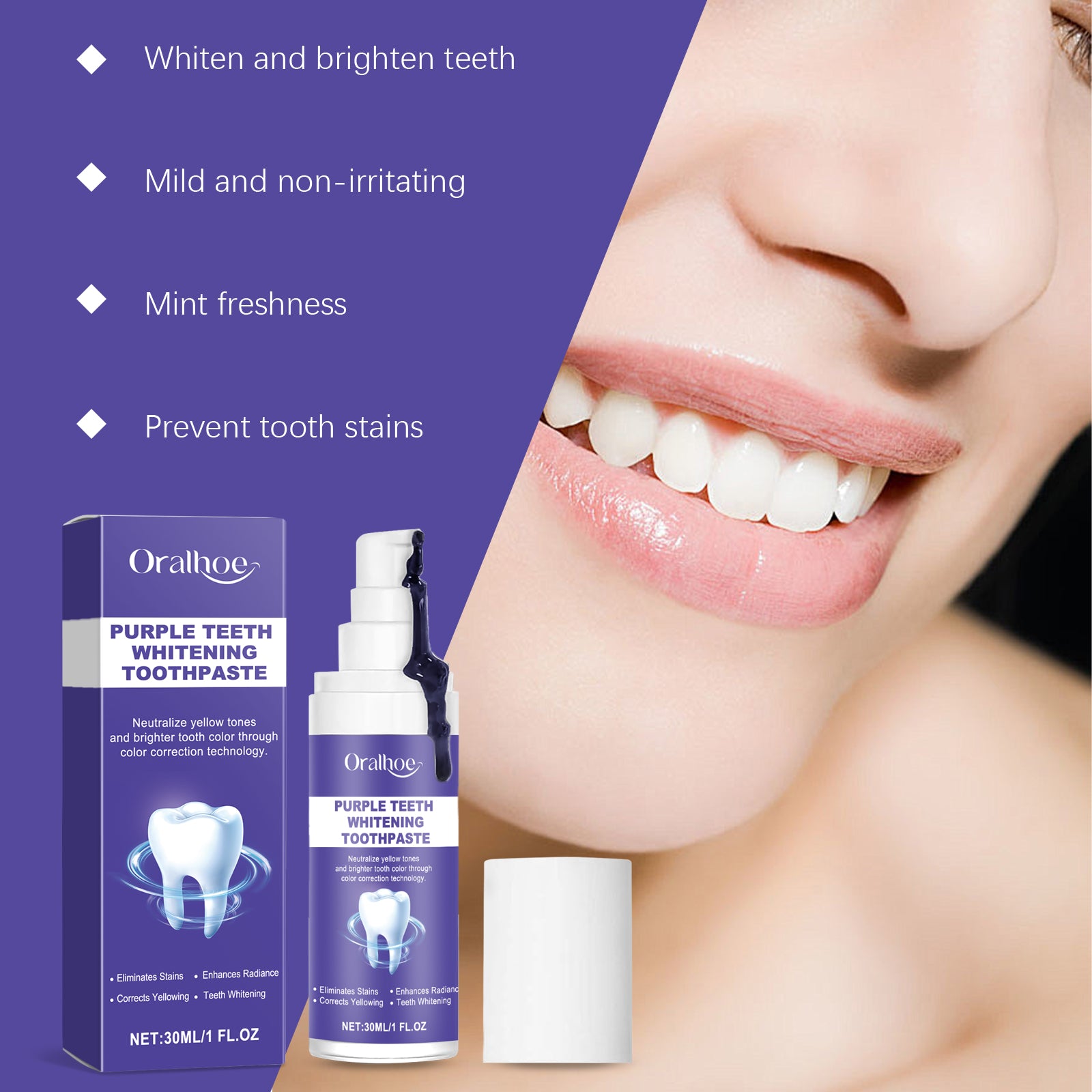 Creme dental Oralhoe Purple Brightening: Clareia, remove manchas, melhora a aparência dos dentes amarelados, proporciona limpeza suave e cuida da higiene bucal.