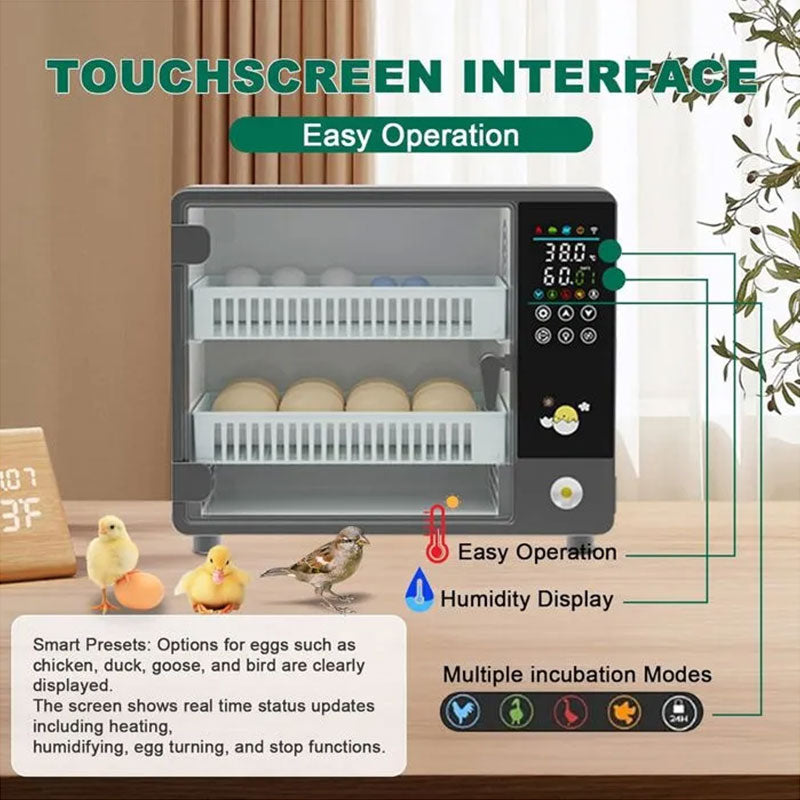Incubadora automática para 24 ovos, máquina de incubação digital para galinhas, patos e codornas, equipamento avícola com controle por toque.