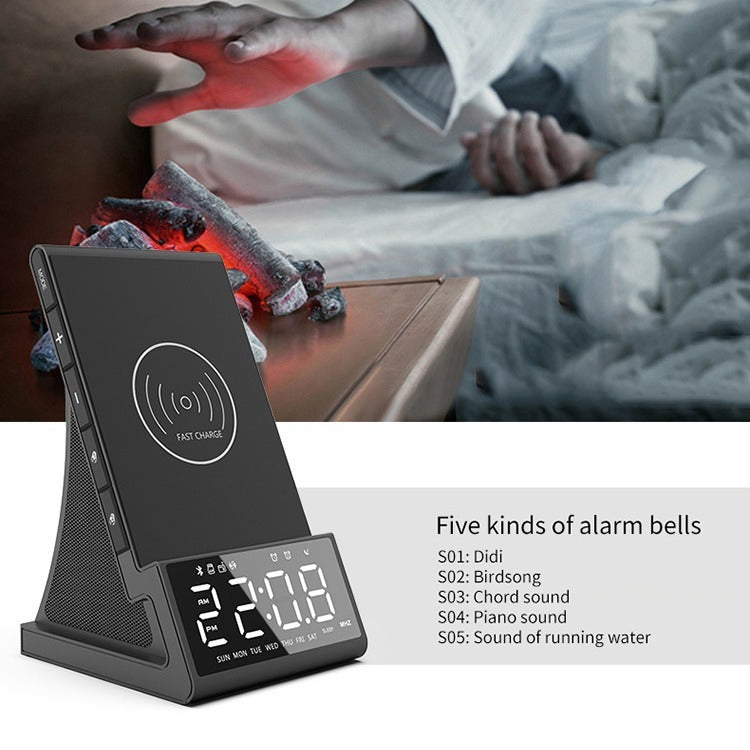 Carregador sem fio três em um, alto-falante Bluetooth, despertador com carregamento sem fio e suporte para celular.