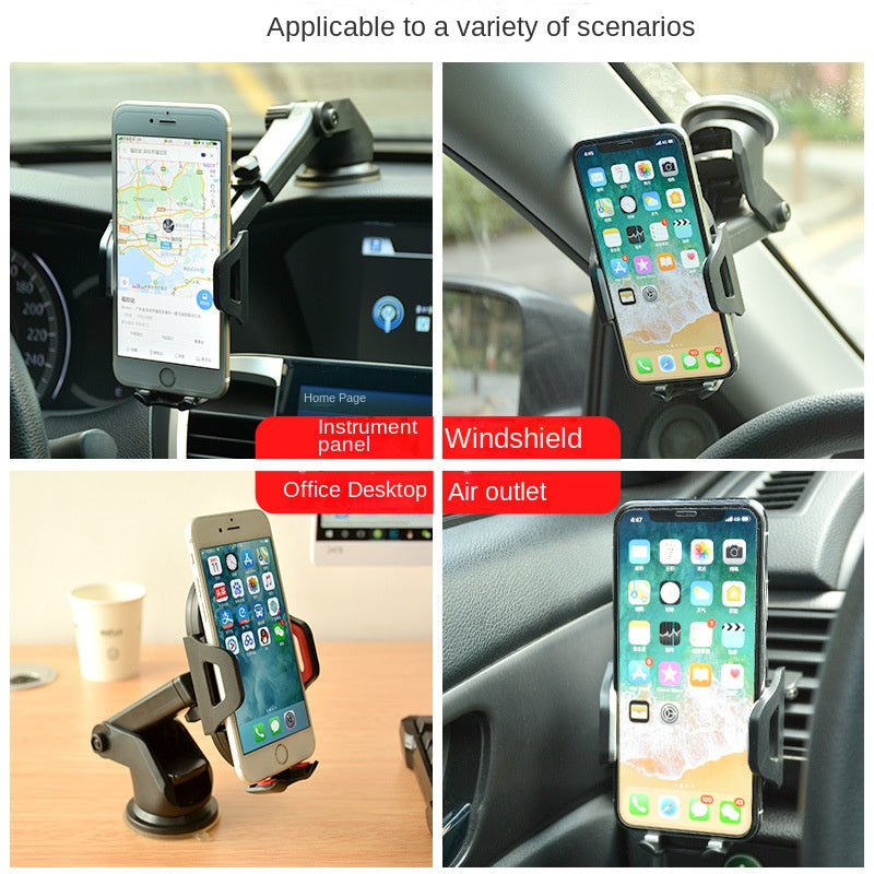 Suporte telescópico com ventosa para celular com trava automática e haste longa, ideal para saída de ar do carro e transmissões ao vivo.