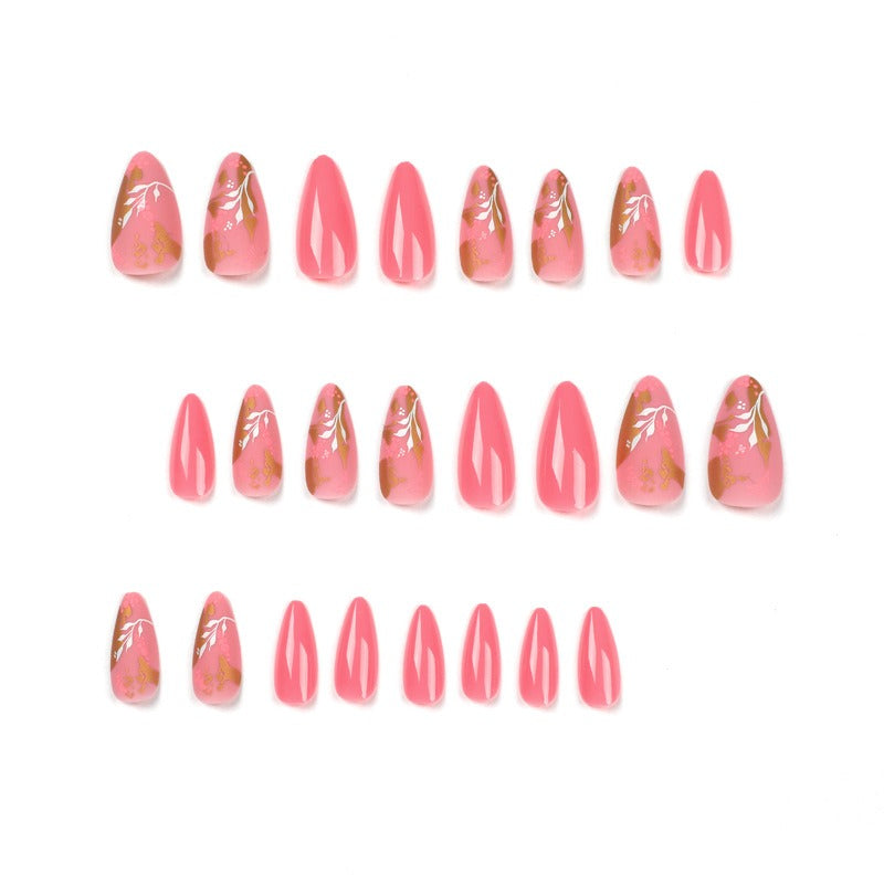 Unhas postiças para manicure, unhas rosa, adesivos de unhas com tinta de bolinhas e folha de ouro, adesivos de unhas com flores brancas, unhas removíveis.