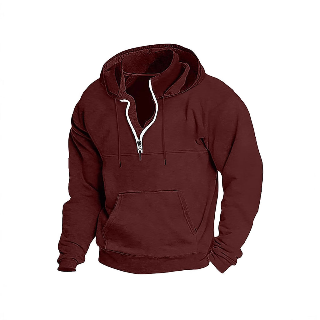 Moletom com capuz casual esportivo de cor sólida com meio zíper e modelo casual.