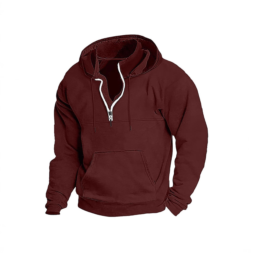 Moletom com capuz casual esportivo de cor sólida com meio zíper e modelo casual.