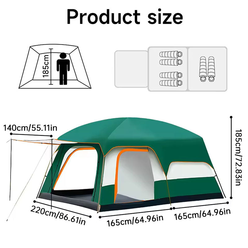 Barraca de camping familiar tipo túnel, com 2 quartos e camada dupla, para 3 a 12 pessoas. Impermeável, resistente ao vento e aos raios UV, ideal para trilhas e acampamentos ao ar livre.