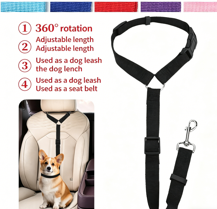 Cinto de segurança para animais de estimação com anel, guia ajustável para assento traseiro de carro, ideal para viagens seguras.