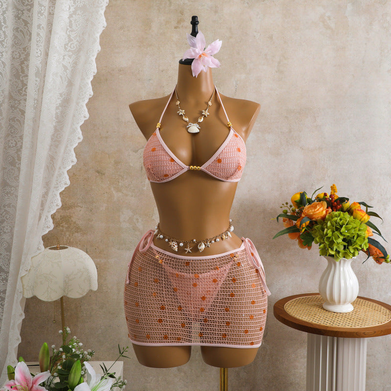 Conjunto de biquíni de três peças em tela