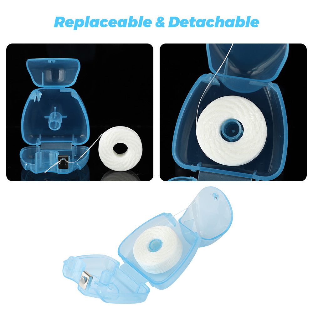 Fio dental descartável com sabor de menta, 50m, caixa triangular azul. Ideal para limpeza dos dentes. Rolo portátil de fio dental.