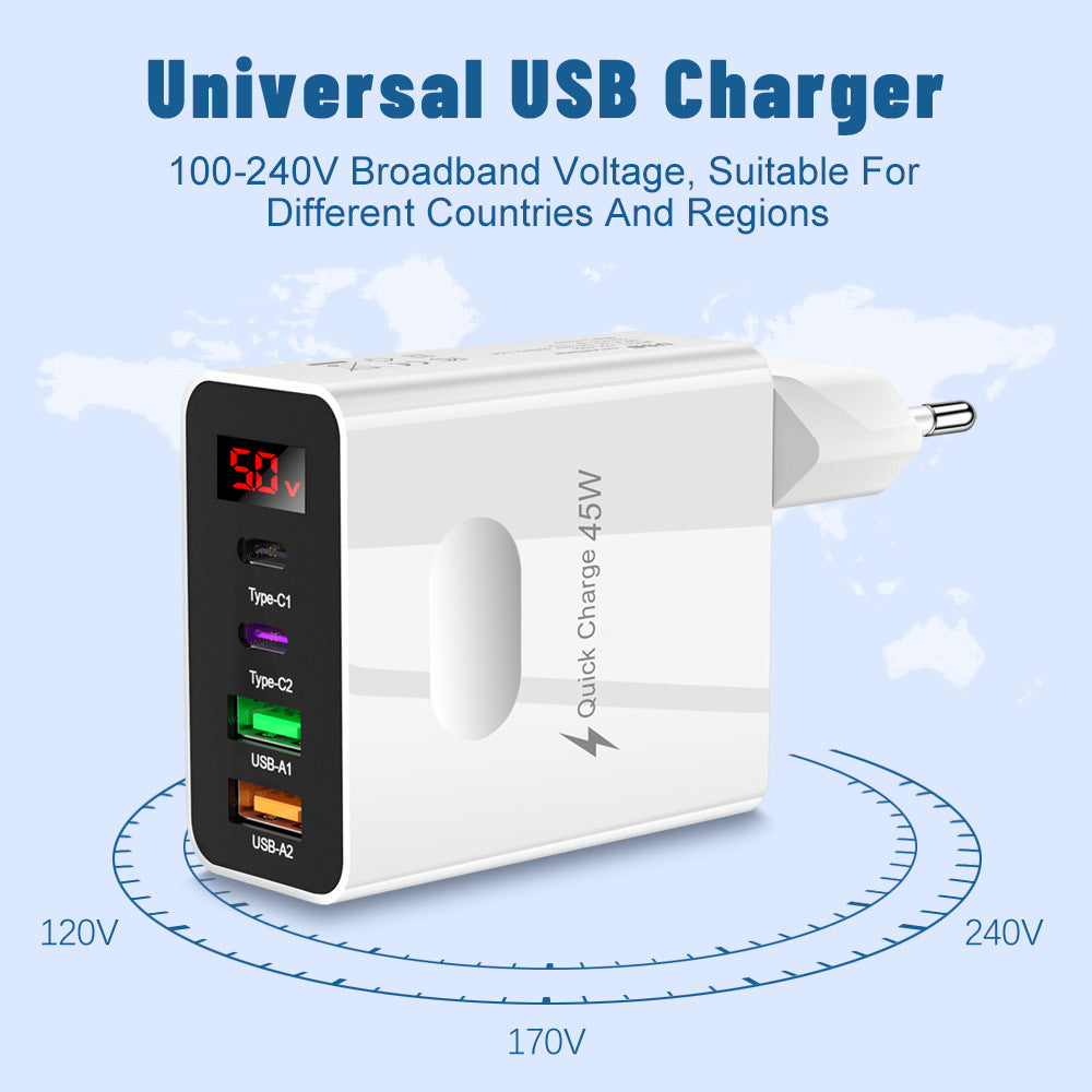 Carregador digital para celular com 2 portas USB-C e 2 portas USB-C, compatível com plugues padrão europeu, americano e britânico.