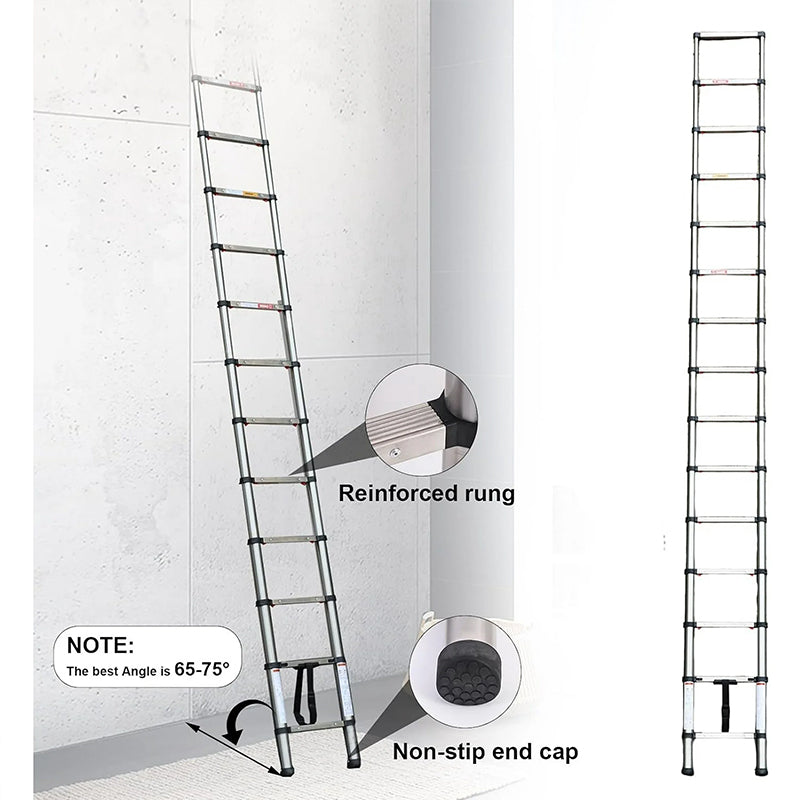 Escada telescópica reforçada em aço inoxidável, 2,6-6,3 m (8,5-20,7 pés), capacidade de carga de 150 kg (330 lb), trava antiderrapante, ideal para casa, trailers, sótãos e decoração de ambientes.