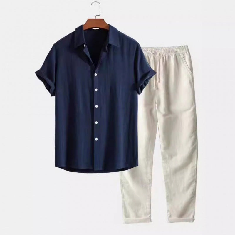 Conjunto de terno masculino slim fit em linho e algodão com gola alta