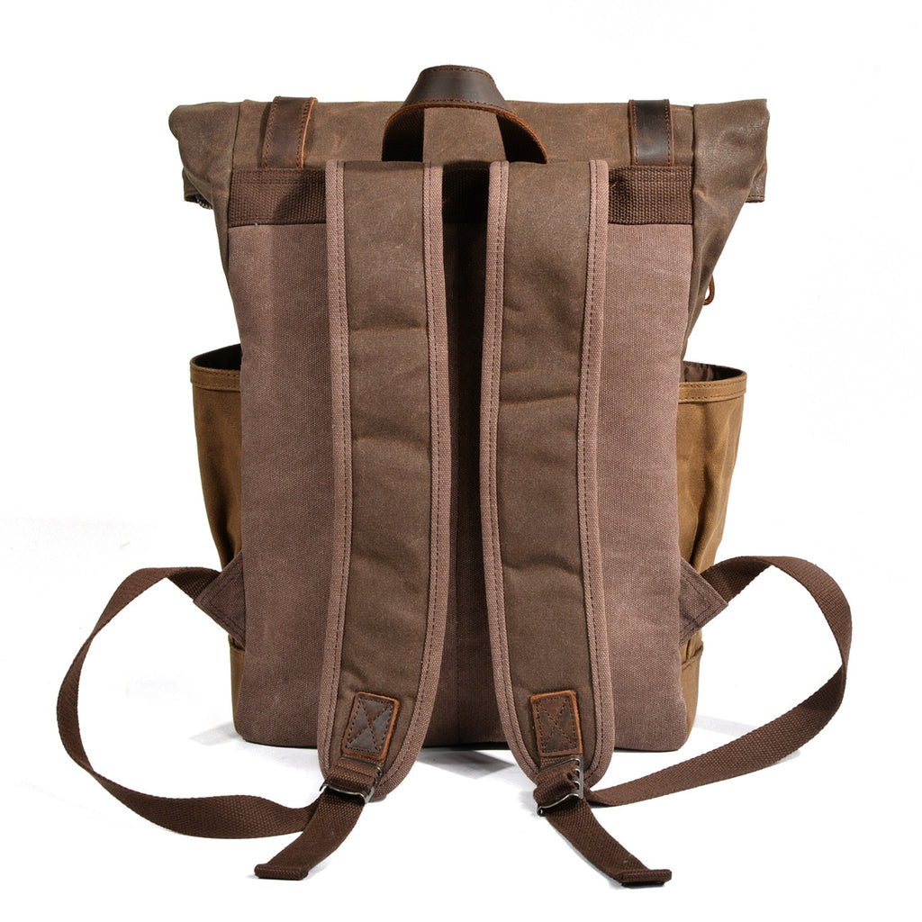 Mochila masculina de lona encerada, ideal para caminhadas ao ar livre, com grande capacidade, impermeável e para uso casual.