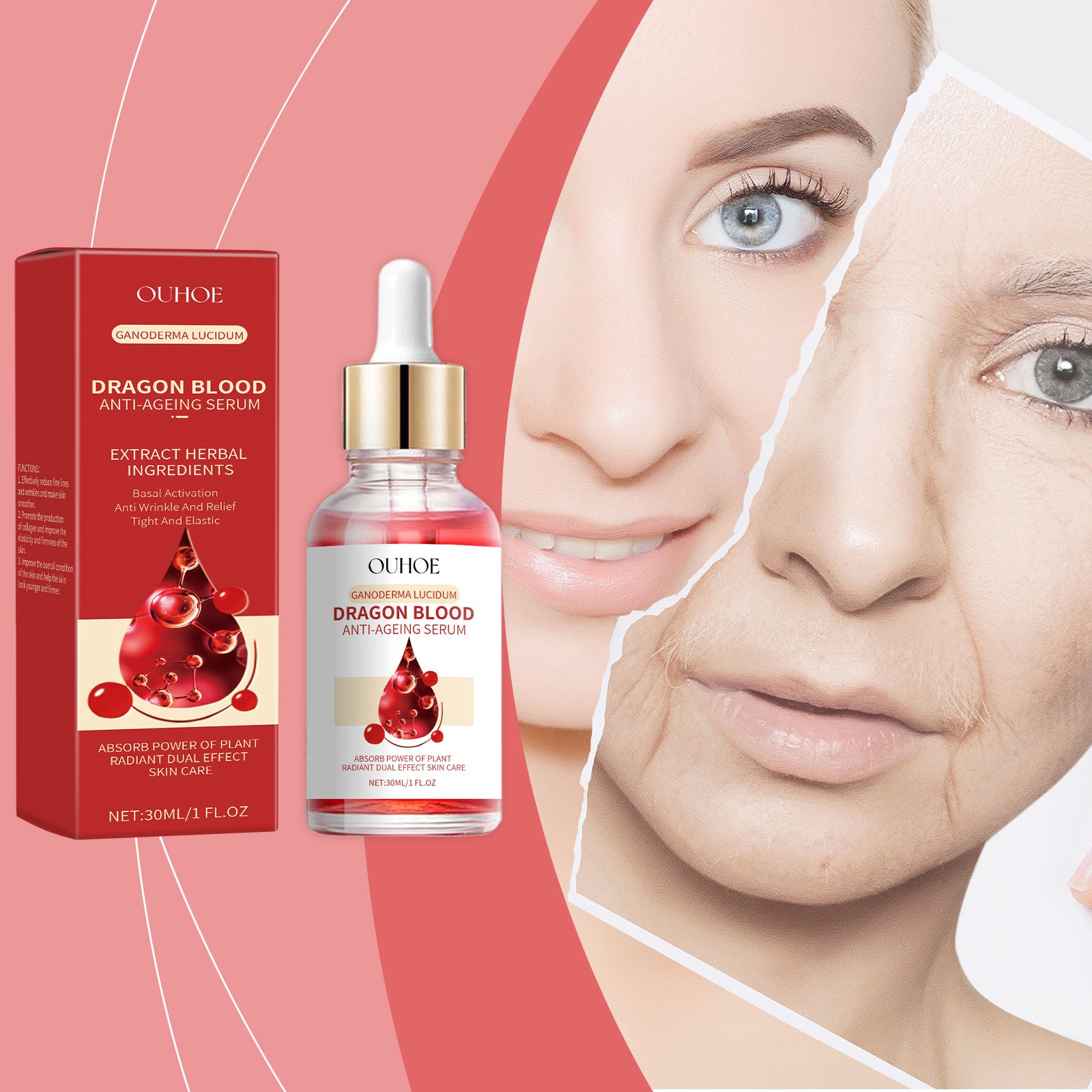 Essência de Sangue de Dragão OUHOE, Essência Hidratante e Iluminadora para o Contorno Facial