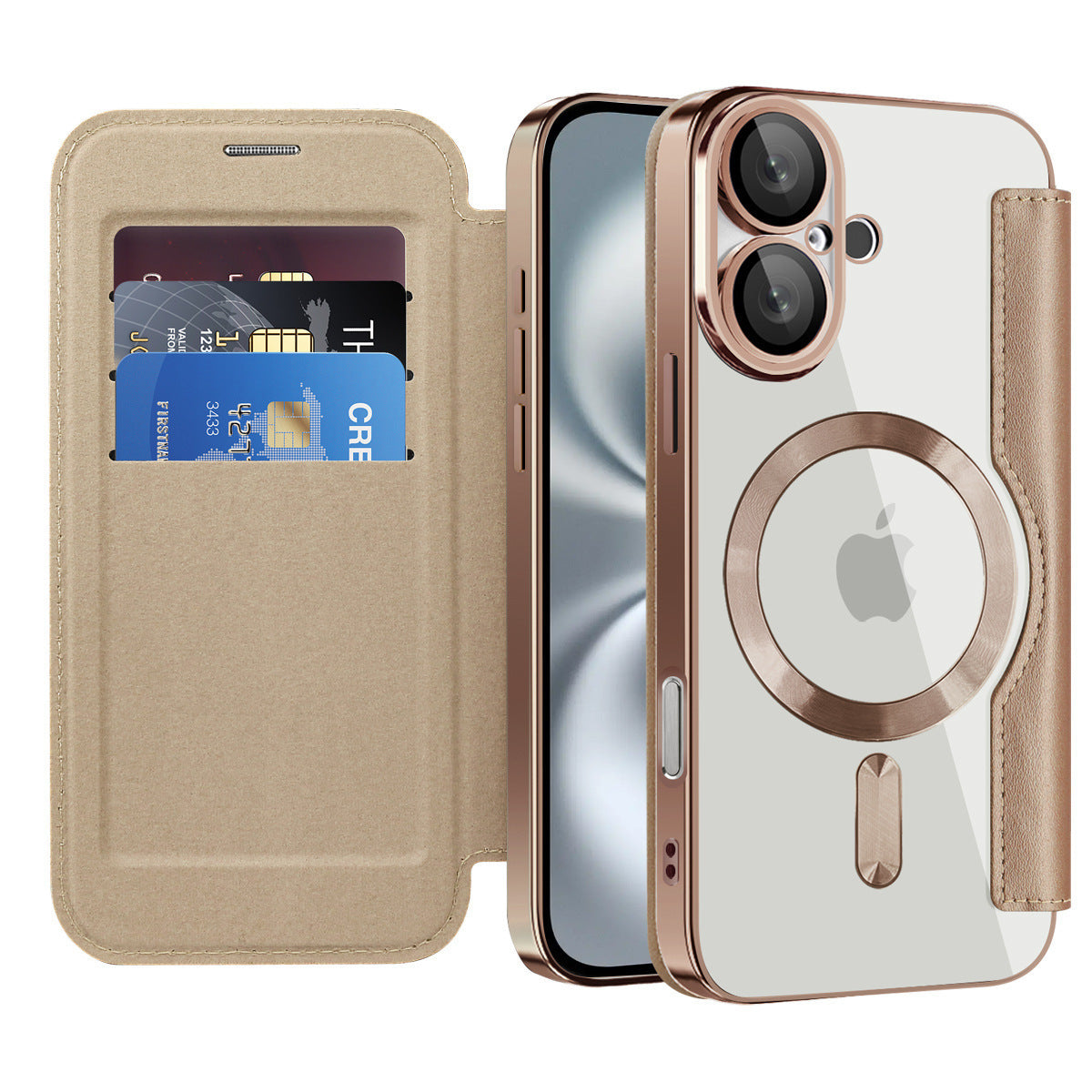 Capa de couro com proteção dourada, revestimento eletroplástico e fecho magnético, compatível com iPhone 16, Apple 15 e 14.