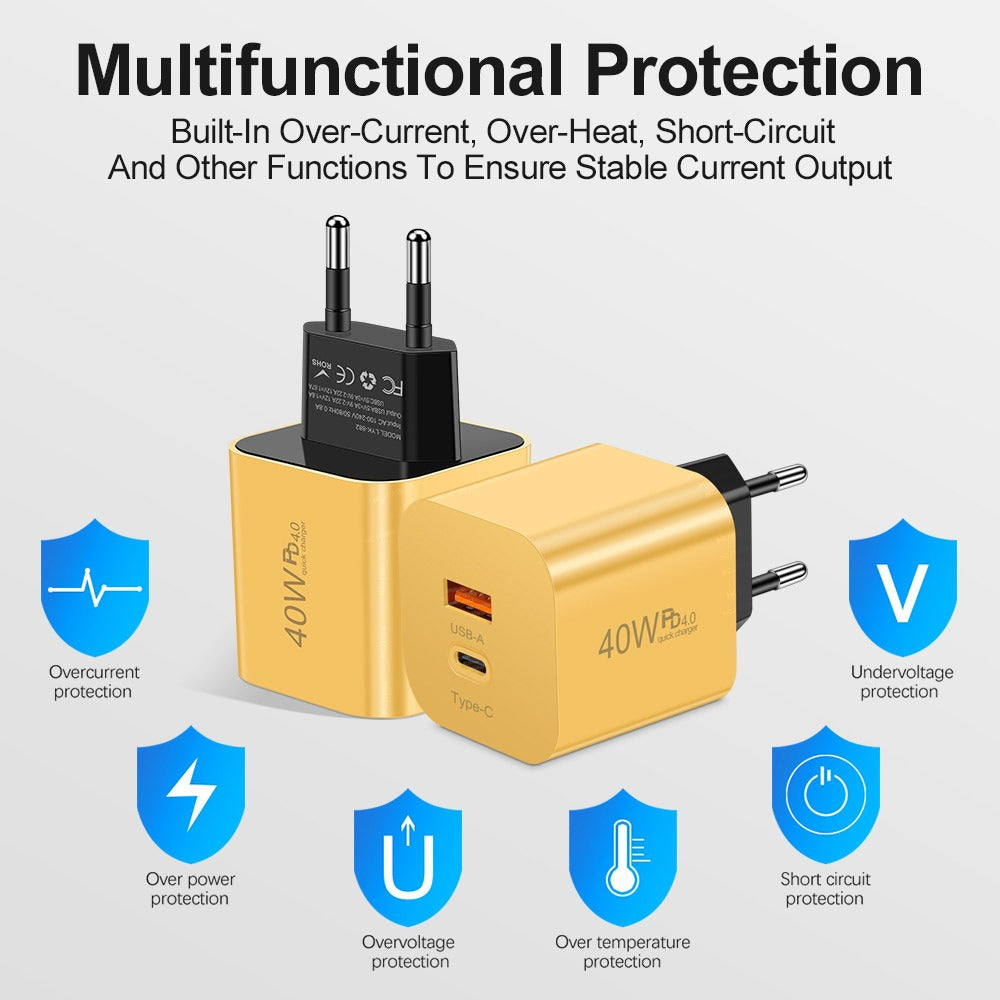 Carregador rápido para celular PD40W com porta USB-C e adaptador de velocidade padrão europeu, americano e britânico.