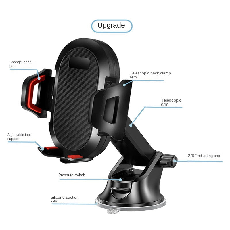 Suporte telescópico com ventosa para celular com trava automática e haste longa, ideal para saída de ar do carro e transmissões ao vivo.