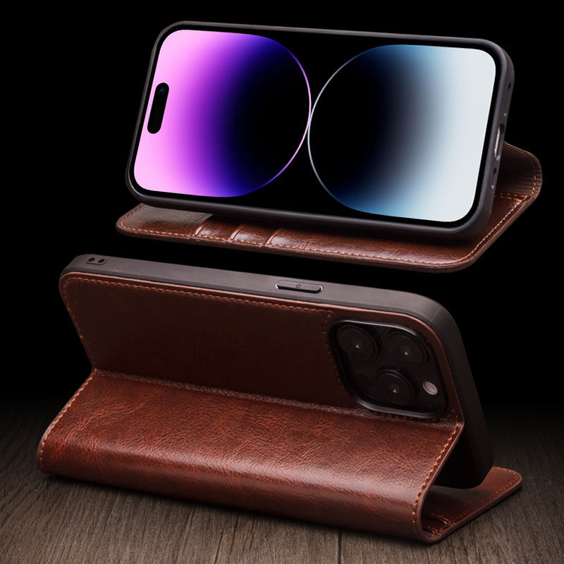 Capa de couro com aba, adequada para iPhone 16 Pro Max, compatível com Apple 15 e 13, com compartimento para cartão.