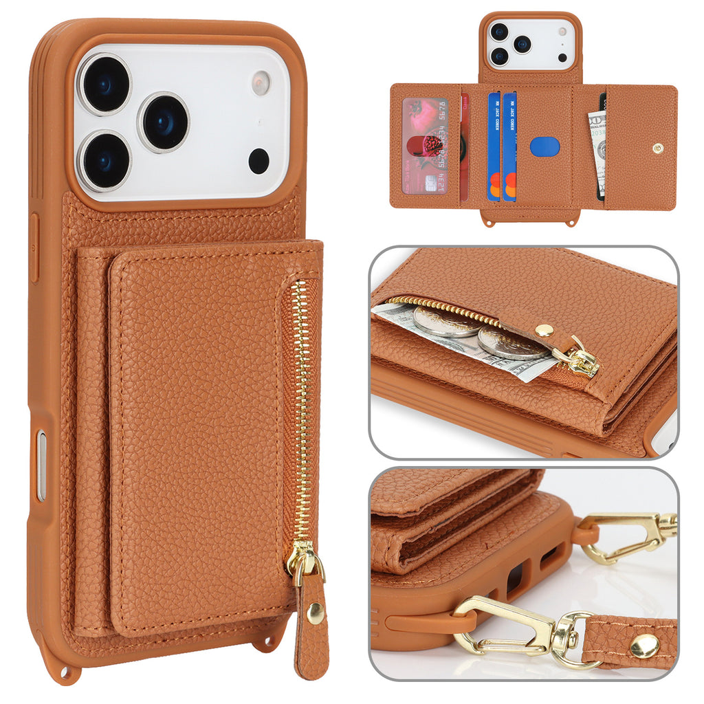 Capa protetora multifuncional com zíper, porta-moedas e compartimento diagonal para iPhone 17 e 14 Pro.