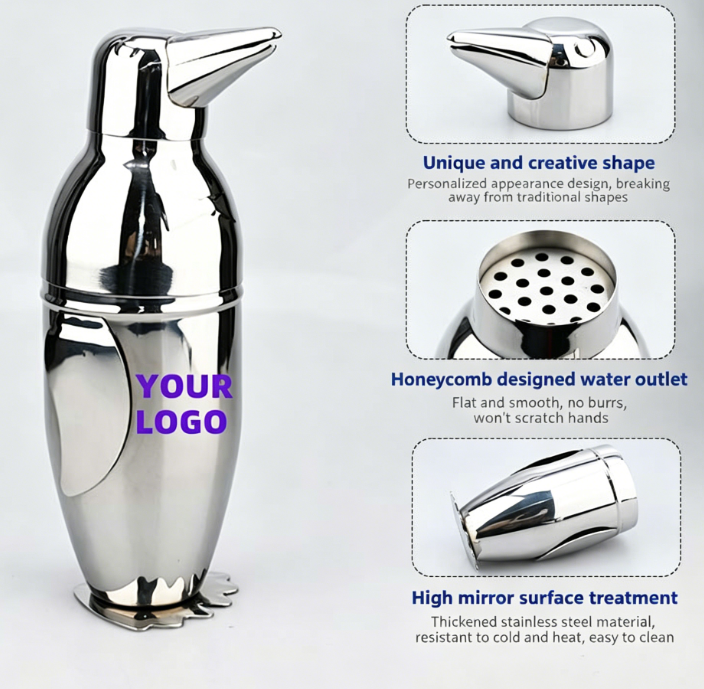 Coqueteleira profissional em aço inoxidável com copo em formato de pinguim.