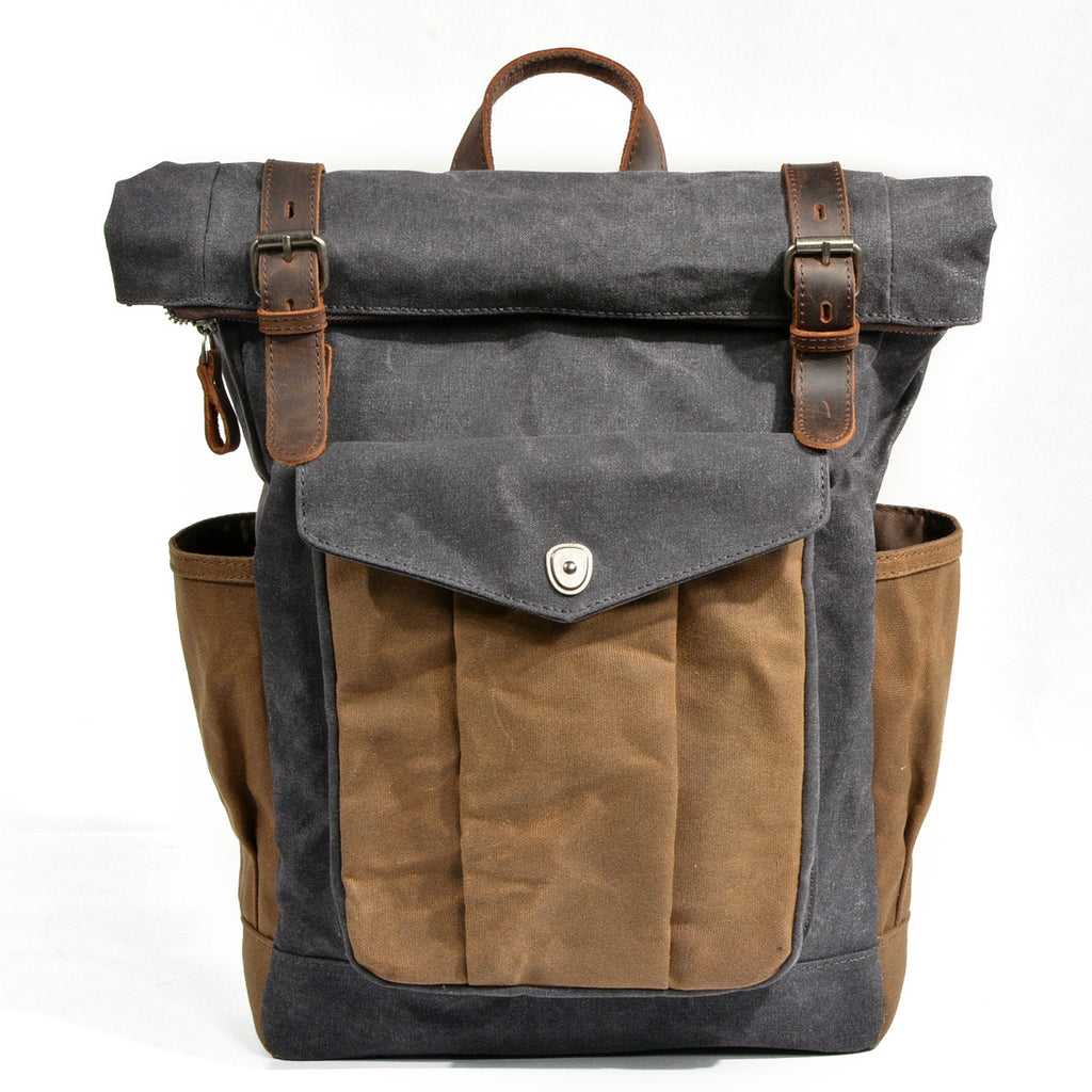 Mochila masculina de lona encerada, ideal para caminhadas ao ar livre, com grande capacidade, impermeável e para uso casual.