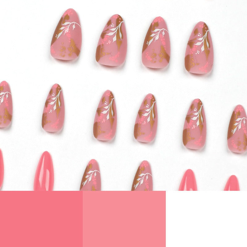 Unhas postiças para manicure, unhas rosa, adesivos de unhas com tinta de bolinhas e folha de ouro, adesivos de unhas com flores brancas, unhas removíveis.