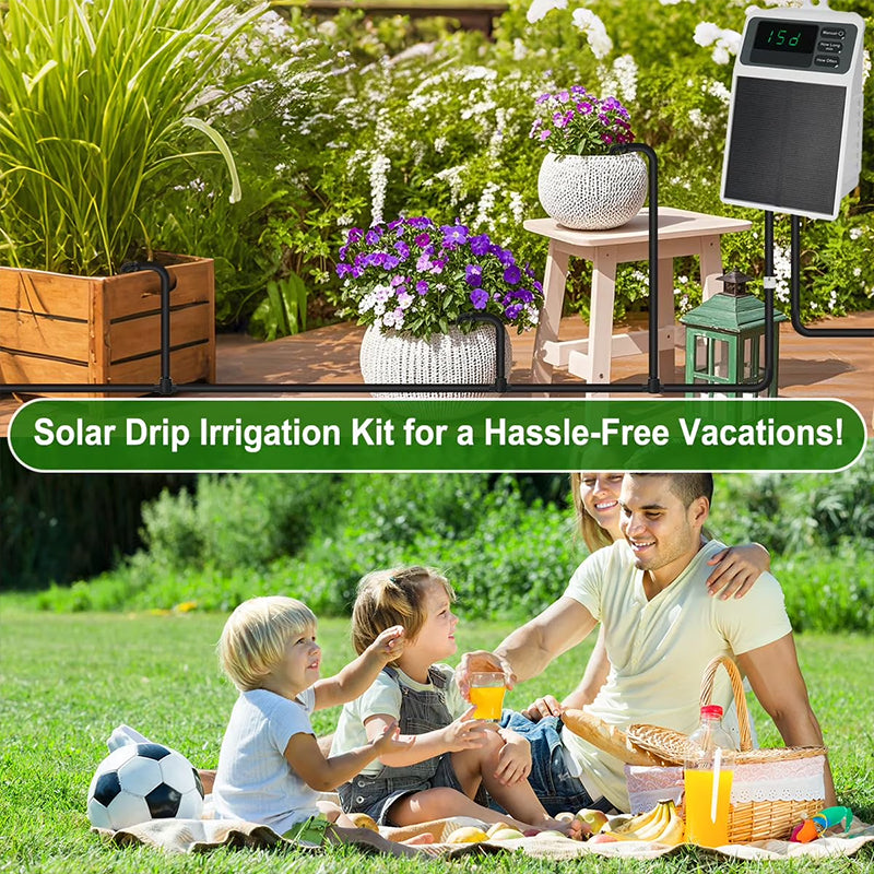 Sistema de Irrigação Solar por Gotejamento - Temporizador de Rega Automática para Plantas Suspensas, Varandas e Estufas
